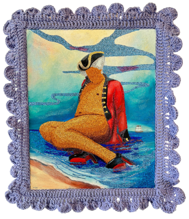 Offenses Against The Person, 2024, Oil on canvas, glitter, yarn, 26″ x 22″