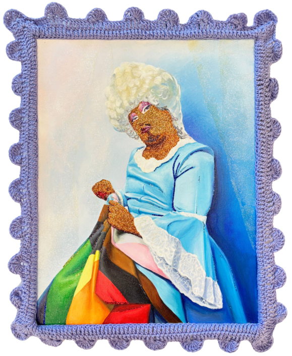 Moises Salazar Tlatenchi, A Friend of Betsy’s, 2024, Oil on canvas, glitter, yarn, 34″ x 28″