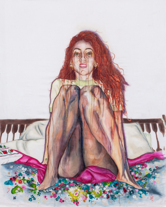 Zoë Buckman, Katie and Jayden on the Couch, 2025, Ink, acrylic, hand embroidery, applique on vintage textile, 84″ x 68″