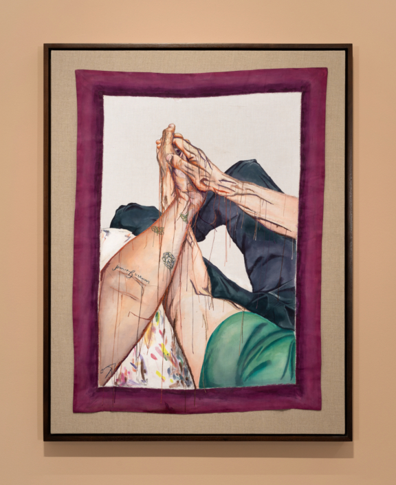 Zoë Buckman, knock on my consciousness, 2025, ink, acrylic, hand embroidery on vintage textile, 41″ x 37.75″ x 2″ framed. Photography by Zachary Balber.