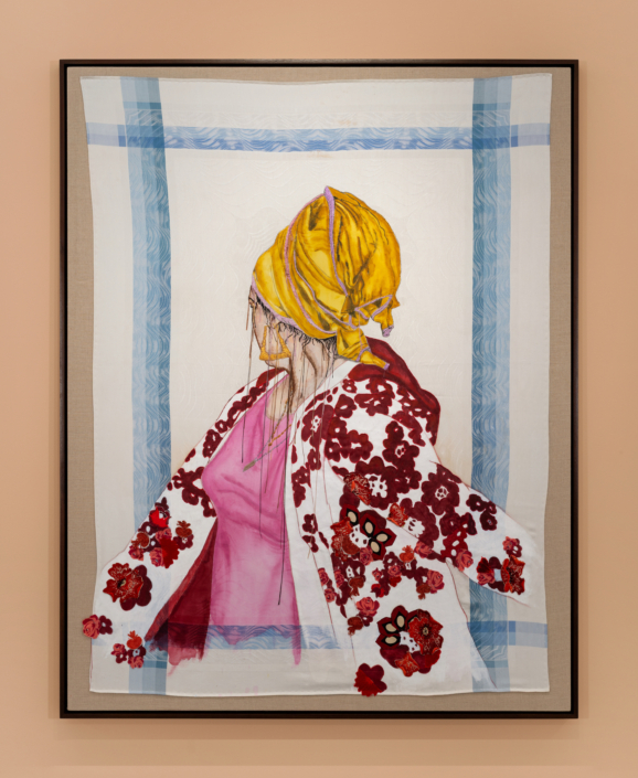 Zoë Buckman, smells like light, 2025, Ink, acrylic, hand embroidery, applique on vintage textile, 70.5″ x 55.5″ x 2″ framed. Photography by Zachary Balber.
