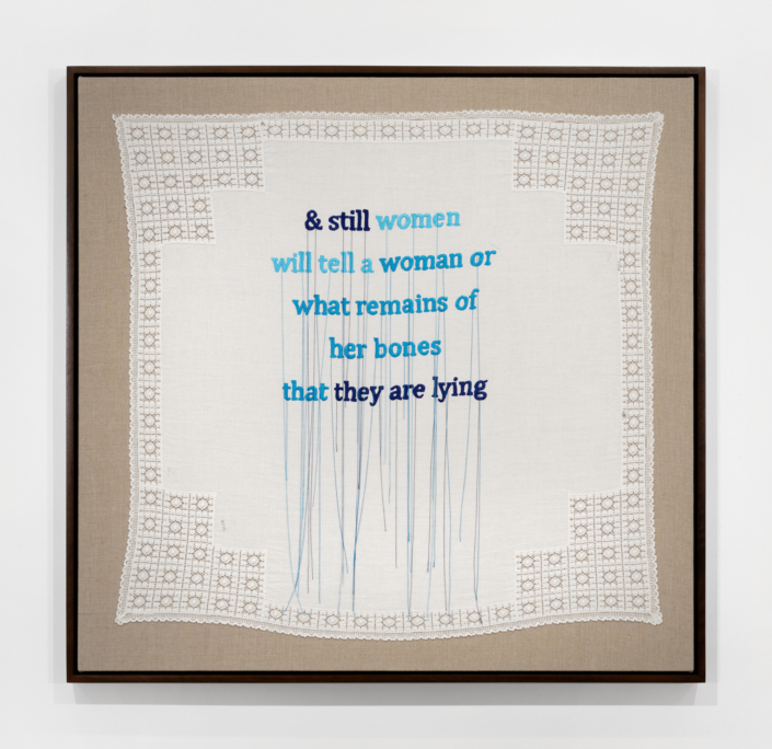 Zoë Buckman, crows on the tracks, 2025, hand embroidery, applique on vintage textile, 40″ x 41.5″ x 2″ framed