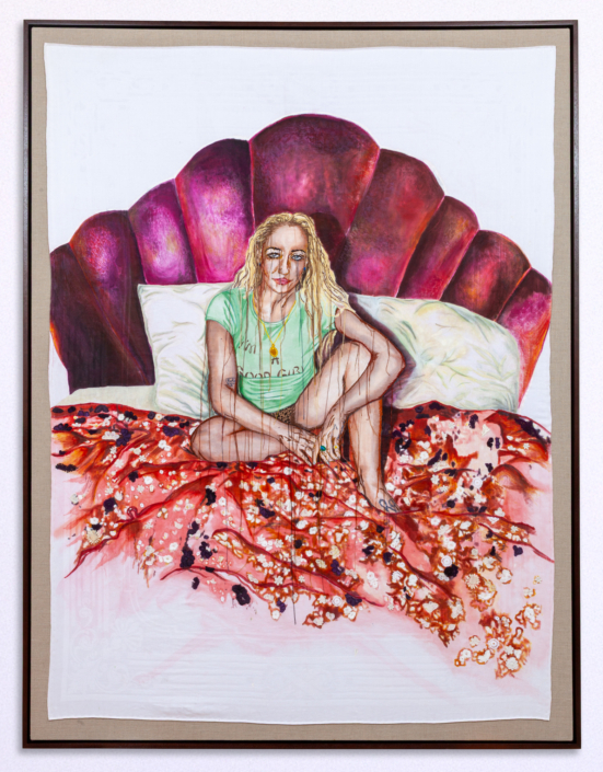 Zoë Buckman, Jemima, 2025, ink, acrylic, hand embroidery on vintage textile, 68.5″ x 51.5″