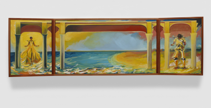 Asif Hoque, A Golden Road, 2025, Oil on linen, 26″ x 87″ x 11″ (framed)