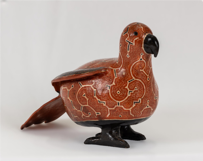 Celia Vásquez Yui, Red Bird, 2021, Coil-built pre-fire slip-painted clay and vegetal resins, 11.25″ x 8.25″ x 17.6″