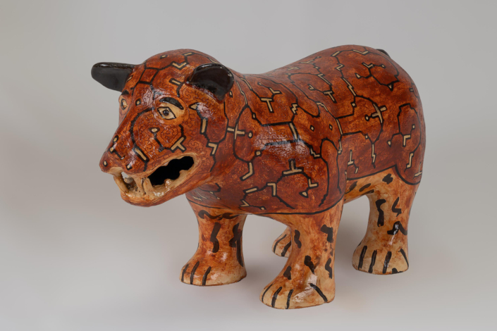 Celia Vásquez Yui, Red Tiger, 2022, Coil-built pre-fire slip-painted clay and vegetal resins, 12.5″ x 8.25″ x 24″