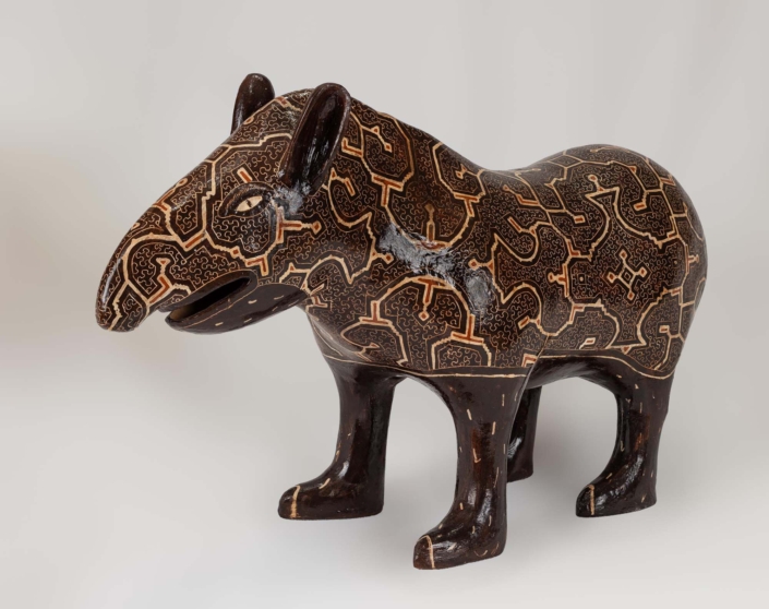 Celia Vásquez Yui, Black Sachavaca (Tapir), 2020, Coil-built pre-fire slip-painted clay and vegetal resins, 18″ x 9″ x 31″