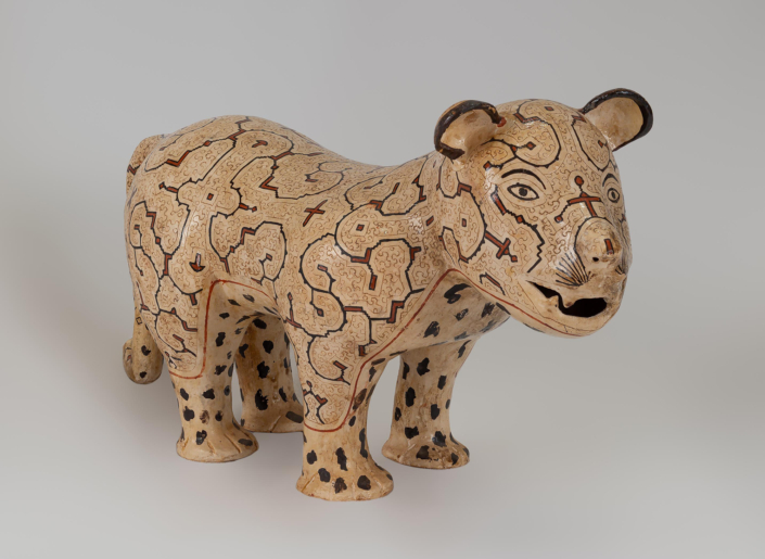 Celia Vásquez Yui, White Tiger, 2020, Coil-built pre-fire slip-painted clay and vegetal resins, 21.25″ x 12.25″ x 28.5″