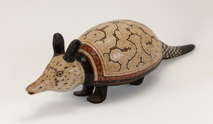 Celia Vásquez Yui, Small Armadillo, 2021, Coil-built pre-fire slip-painted clay and vegetal resins, 5″ x 4.4″ x 17.9″