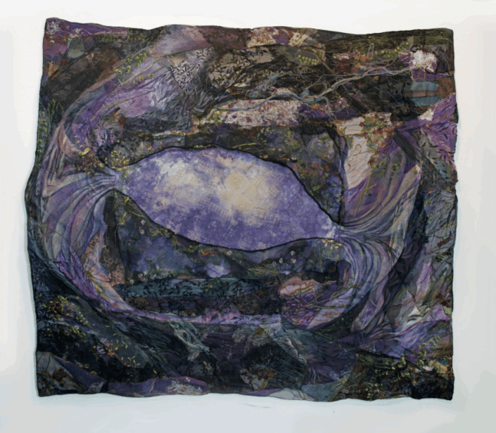 Daniela Gomez Paz, Muerte al florecer, Diffraction of souls, 2026, Acrylic paint, cotton fabric, canvas cloth, handmade paper, fabric scraps, and black tulle, 53.5″ x 63″ x 1″