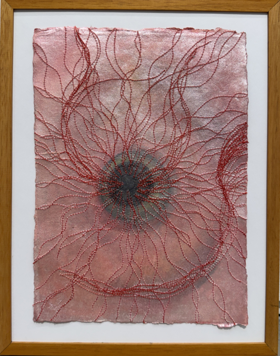 Daniela Gomez Paz, Threaded to the Universe 2, 2026, Cotton paper with sewn elements and acrylic paint, 14.5″ x 11.25″ x .25″ framed