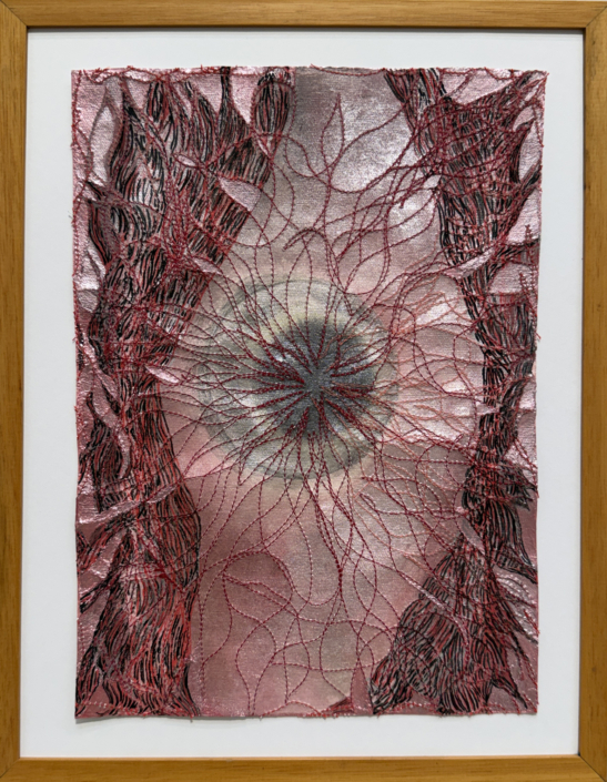Daniela Gomez Paz, Threaded to the Universe 3, 2026, Cotton paper with sewn elements and acrylic paint, 14.5″ x 11.25″ x .25″ framed