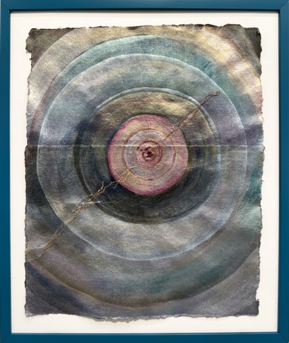 Daniela Gomez Paz, Threaded to the Universe 4, 2026, Cotton paper with sewn elements and acrylic paint, 17″ x 14.5″ x .5″ framed