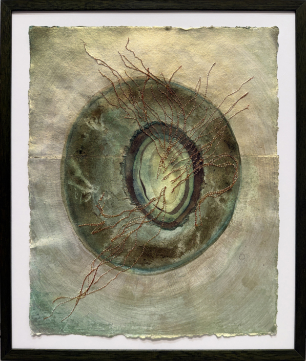 Daniela Gomez Paz, Threaded to the Universe 5, 2026, Cotton paper with sewn elements and acrylic paint, 17″ x 14.5″ x .5″ framed