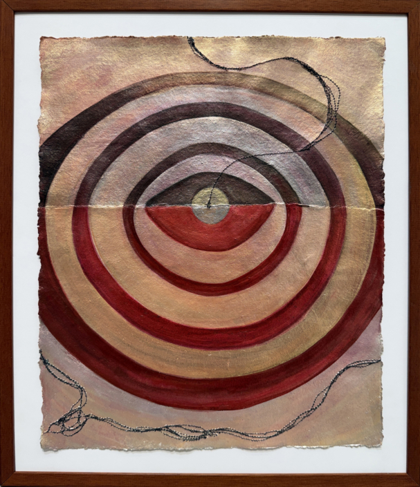 Daniela Gomez Paz, Threaded to the Universe 6, 2026, Cotton paper with sewn elements and acrylic paint, 17″ x 14.5″ x .5″ framed