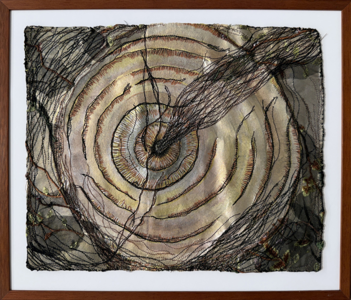 Daniela Gomez Paz, Threaded to the Universe 7, 2026, Cotton paper with sewn elements and acrylic paint, 14.5″ x 17″ x .5″ framed