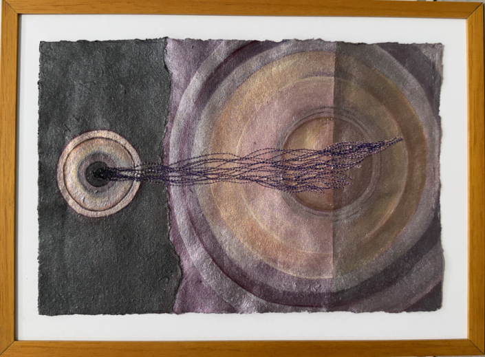 Daniela Gomez Paz, Threaded to the Universe 8, 2026, Cotton paper with sewn elements and acrylic paint, 11.25″ x 15.25″ x .25″ framed