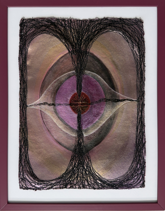 Daniela Gomez Paz, Threaded to the Universe 9, 2026, Cotton paper with sewn elements and acrylic paint, 14.5″ x 11.5″ x .25″