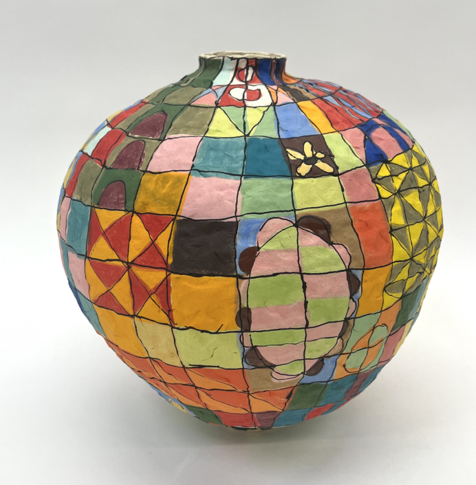 Brittany Mojo, Quilt (View 1), 2026, Stoneware, underglaze, 13″ x 11.5″ x 11.5″