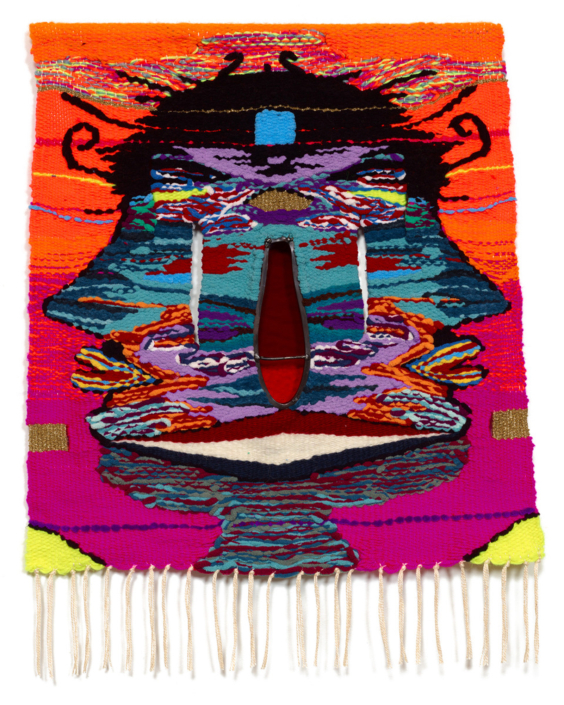 Terri Friedman, Conjoined, 2023, Cotton, acrylic, wool, chenille, metallic fibers, stained glass, 22″ x 22″