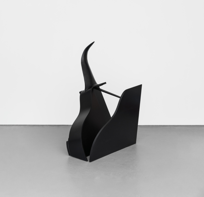 Christine Rebhuhn, Drown Me, 2026, Piano frame, wood, carved wood orca fin, paint, 84″ x 48″ x 56″
