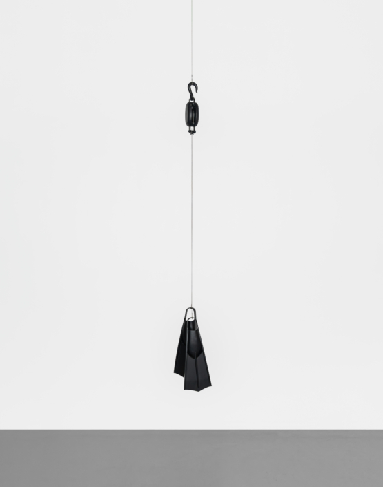 Christine Rebhuhn, Touch the Bottom, 2026, Wood scuba flippers, marine pulley, paint, cable, 120″ x 12″ x 12″