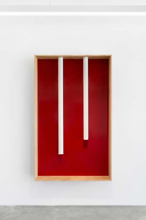 Christine Rebhuhn, Everything Has Two Endings, 2026, Wood, paint, 76″ x 45″ x 9″ (Photography by Zachary Balber)