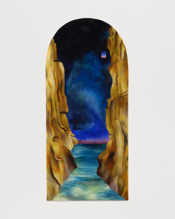 Andrea Spiridonakos, Ad Te Solo, 2026, dyed wool fibers, on wool, 48” x 21.5”