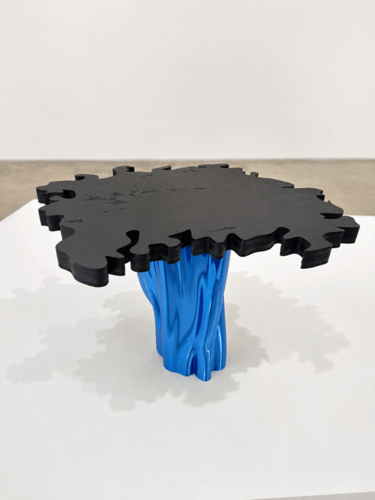 Joyce Billet, Rooted Side Table (small), 2026, 3D printed base with etched and painted white maple top, 13.75″ x 19″ x 15″