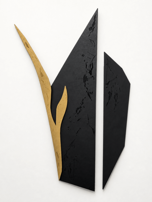 Joyce Billet, L’envolée (Composition 1), 2026, Etched and painted mahogany, 38″ x 28″ x 2.75″