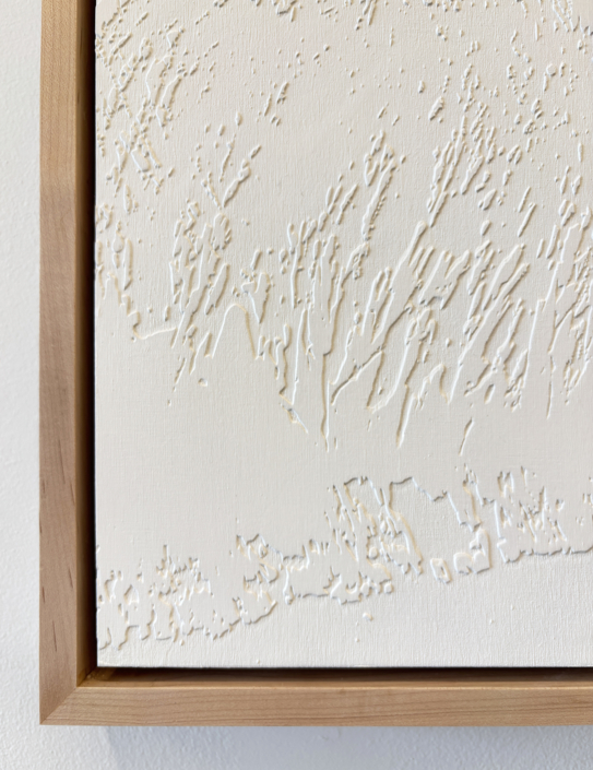 Joyce Billet, (DETAIL) Traces in White, 2026, Oil in etched birch wood, 45.75″ x 113.5″