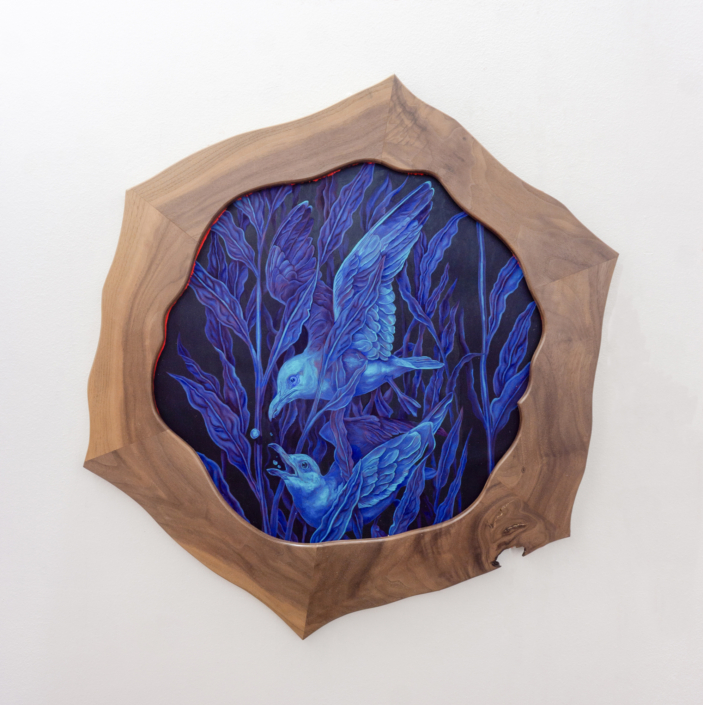Hannah Banciella, Devuélveme mi Perla, 2025, Oil paint on paper with bespoke walnut frame, 26″ x 30″ x .75″