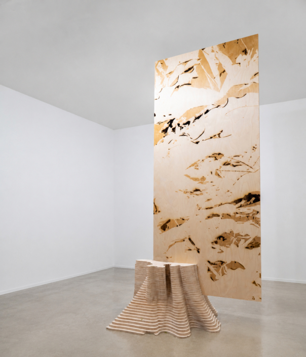 Joyce Billet, Echoes of Time, 2024, Cut and etched birch wood, 106.5″ x 56″ x 20″