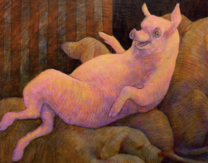Ella Stouse, Reclining Pig, 2026, Acrylic on panel, 18″ x 20″