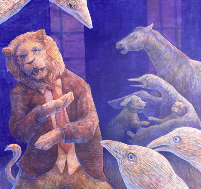 Ella Stouse, Frogs’ Desired King, 2026, Acrylic on canvas, 58″ x 60″