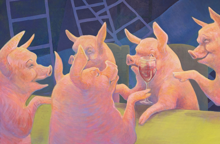 Ella Stouse, Pigs and Ladders, 2026, Acrylic on canvas, 32″ x 48″