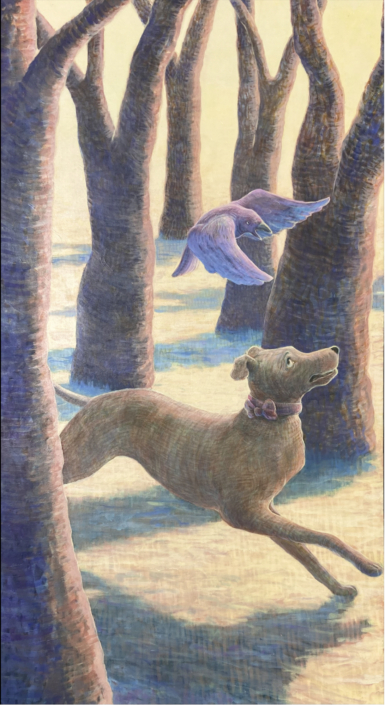 Ella Stouse, Feathered Warning, 2025, Acrylic on canvas, 74″ x 40″