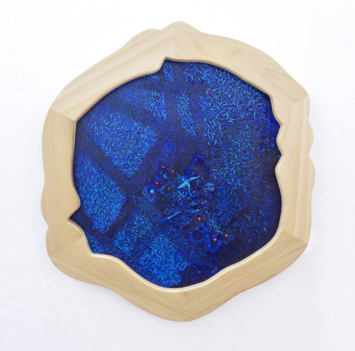 Hannah Banciella, Growing by Moonlight, 2025, Oil paint on paper with bespoke poplar frame, 17″ x 17.5″ x .75″