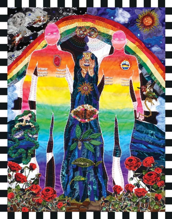 Pangea Kali Virga, I Watch The Illusion With Unbearable Compassion, 2022, Up-cycled fiber from old clothing/interior design swatches/leather/vintage yardage, up-cycled rhinestones, up- cycled beads, vintage thread, 60″ x 50″