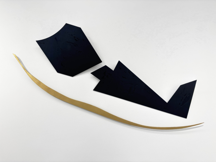 Joyce Billet, L’envolée (Composition 5), 2026, Etched and painted mahogany, 34″ x 60″ x 3″