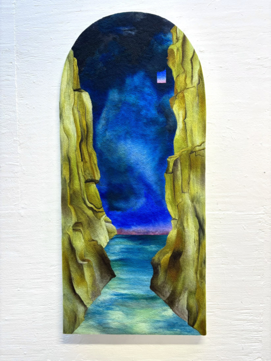 Andrea Spiridonakos, Ad Te Solo, 2026, dyed wool fibers, on wool, 48” x 21.5”