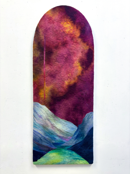 Andrea Spiridonakos, Laudato Si, 2026, dyed wool fibers, on wool, 42” x 16”