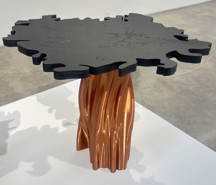 Joyce Billet, Rooted Side Table (large), 2026, 3D printed base with etched and painted white maple top, 21.5″ x 22.5″ x 26″