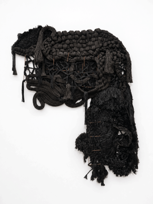 Lisu Vega, Tarde o temprano siempre llega (Sooner or Later, It Always Comes, 2026 (I & II) Hand-woven textile made from repurposed rope, metal grid structure, Dimensions variable, 60″ x 59″ installed