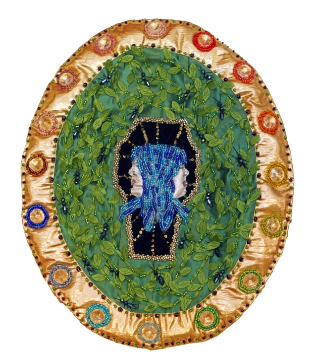 Pangea Kali Virga, Janus, 2026, cotton, silk velvet, interfacing, glass vintage beads, sequins, gold lamé, chandelier crystal, cotton embroidery thread, jacquard, batting (all materials upcycled), 13.5″ x 10″