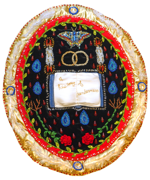 Pangea Kali Virga, A History of Tenderness, 2026, Up-cycled materials: silk velvet, silk ribbon, glass beads, chandelier crystal, gold thread, plastic beads, faux leather, batting, gold lame, polyester thread, leaf ribbon, 17″ x 14″