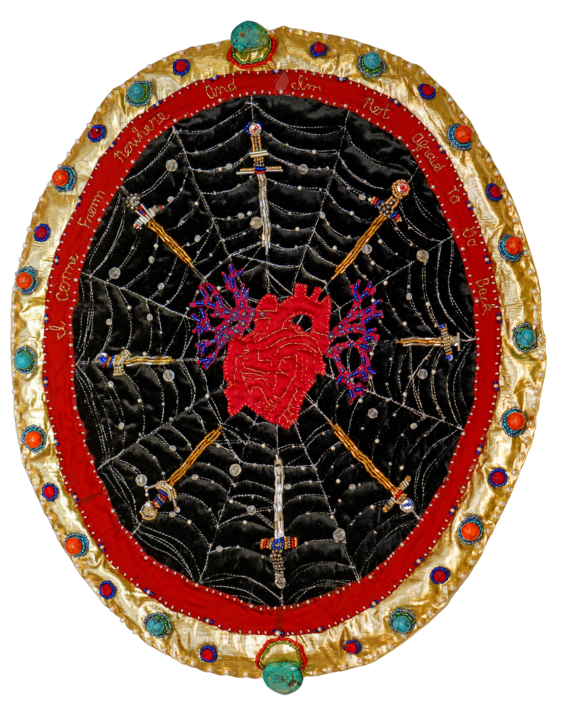 Pangea Kali Virga, I Come From Nowhere And I Am Not Afraid To Go Back, 2026, Up-cycled materials: silk velvet, glass beads, plastic beads, faux pearls, vintage sequins, gold thread, polyester thread, chiffon, gold lame, batting, faux coral and turquoise, satin, faux pearls, 18″ x 15″