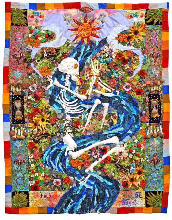 Pangea Kali Virga, Behold I Show You A Mystery, 2026, Up-cycled fiber from old clothing/interior design swatches/leather/vintage yardage, up-cycled rhinestones, up- cycled beads, vintage thread, 60″ x 50″