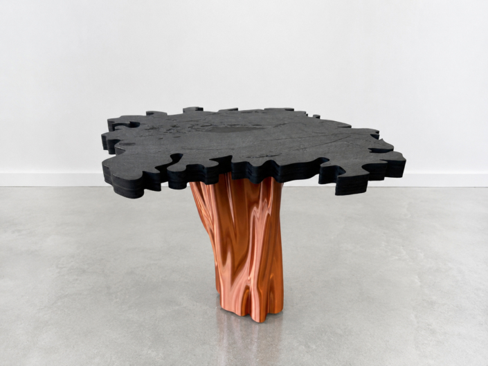 Joyce Billet, Rooted Side Table, 2026, 3D printed base with etched and painted white maple top, 13.75″ x 19″ x 15″