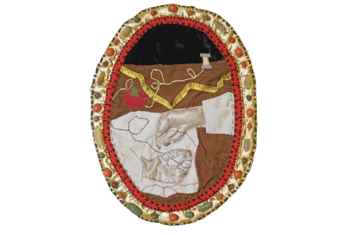 Pangea Kali Virga, The Creator (self-portrait), 2026, gold lamé, silk velvet, iridescent chiffon, glass beads, cotton and polyester thread, cotton shirt sleeves, marker, ribbon, stones, faux leather, pins, needles, batting, interfacing, 13″ x 10.5″